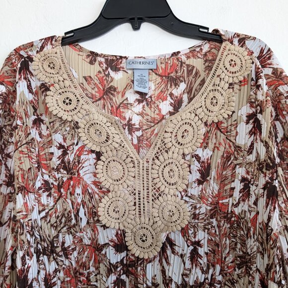 CATHERINES Blouse Plus 1X Multicolor Floral Lace 3/4 Bell‎ Sleeve Shark Bite Hem - Picture 3 of 14